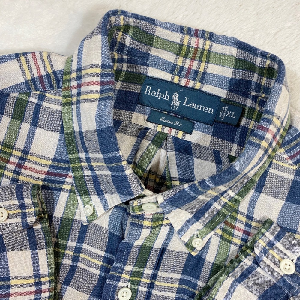 Vintage Ralph Lauren Linen Plaid Mens XL Custom Fit Button Down Shirt Preppy